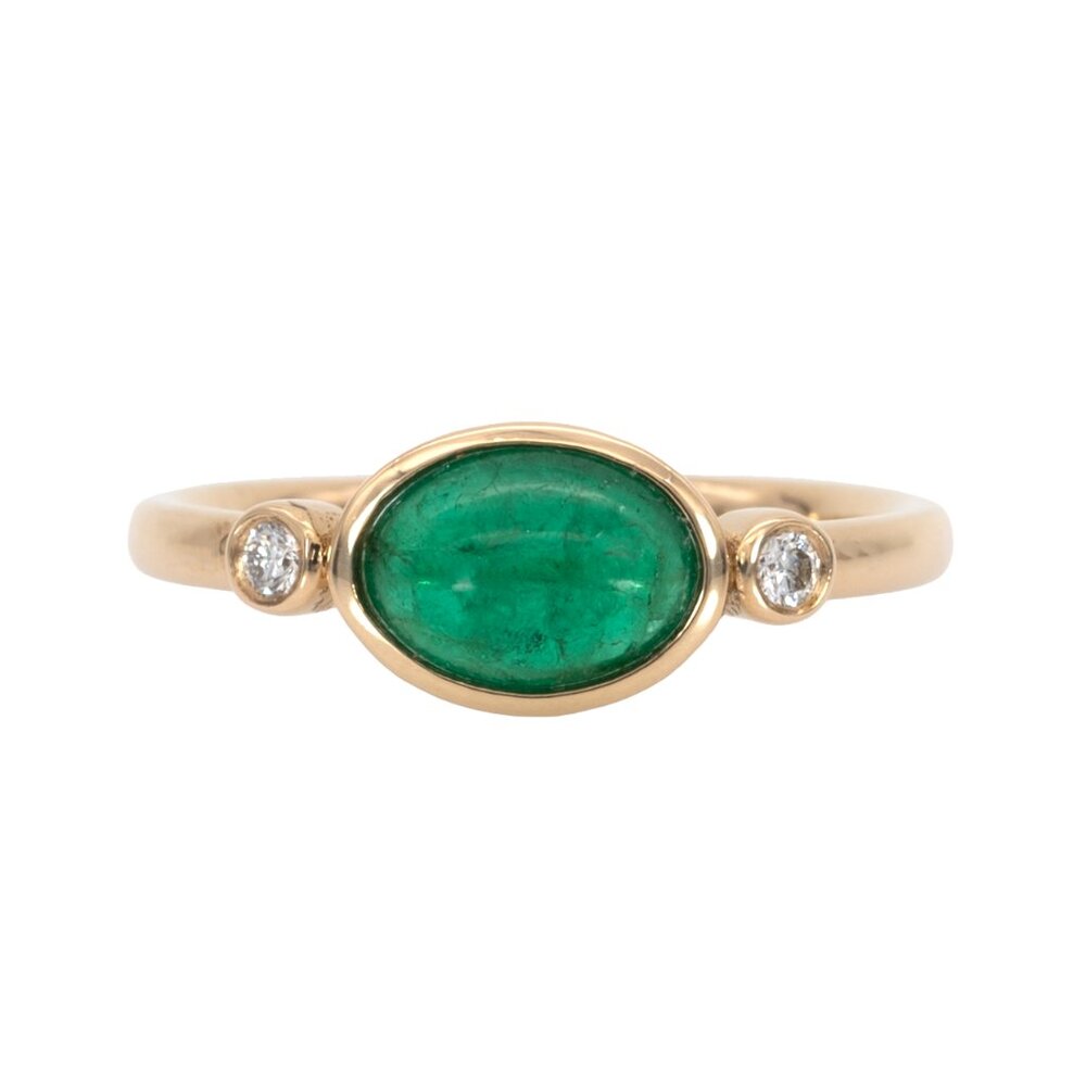 1.28Ct Cabochon Zambian Emerald Ring in Solid 14K Gold with Diamond Accents